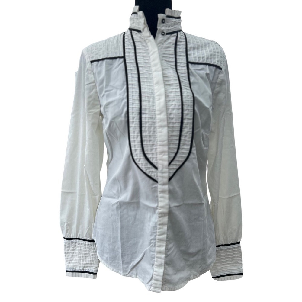 Zara Basic White Pintuck Pleated Bib Blouse Black Piping Victorian High Neck XS